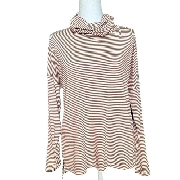 Agnes & Dora Long Sleeve Turtleneck Relaxed Fit Cream Beige with Mauve Stripe - Picture 1 of 5